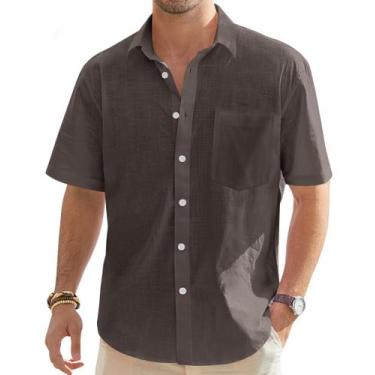 Imagem de Camisa masculina J.VER: algodão, linho, manga curta, marrom, grande