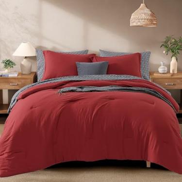Imagem de Monbix Conjunto de edredom de tamanho casal – 7 peças, vermelho brilhante, pré-lavado, conjunto de cama completo com edredom, edredom alternativo para todas as estações, com lençóis, fronhas e fronhas