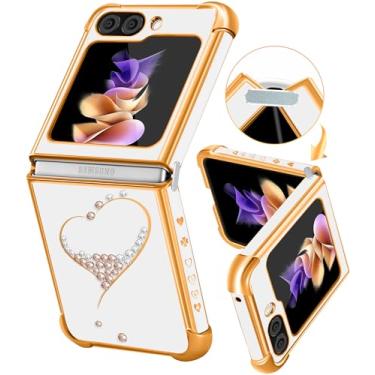 Imagem de Petitian Capa Quadrada para Samsung Galaxy Z Flip 5, Lindas Capas de Telefone Femininas com Glitter e Coração com Glitter, Banhada a Ouro com Protetor de Câmera Branco