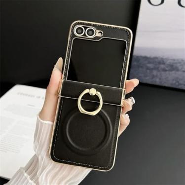 Imagem de Capa magnética com suporte de anel de couro para Galaxy Z Flip7 Flip 7 6 5 4 3, capa de proteção com dobradiça para Samsung Zflip7FE, preta, para Galaxy Z Flip7 FE