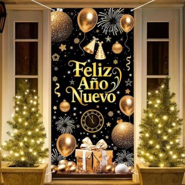 Imagem de 1 conjunto de bandeira vertical de ano novo espanhol, placa preta e dourada metálica pendurada com balões, caixas de presente, fogos de artifício para decoração de festa de ano novo, suprimentos de