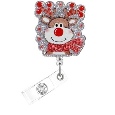 Imagem de Carretel de crachá de Natal, crachá de acrílico de rena para crachá de identificação, lindo suporte de crachá retrátil com glitter telescópico, acessórios de clipe de jacaré para enfermeiras