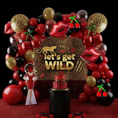Imagem de Red and Black Balloons Arch Kit Cherry Birthday Decorations with Background cloth Foil Cheetah Print lips Cheetah Balloons for Baby Shower Bachelorette Party Decorations
