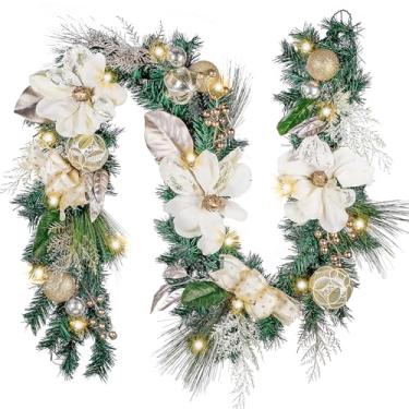 Imagem de Guirlanda de Natal Valery Madelyn pré-iluminada, 1,8 m, elegante, champanhe dourado, com ornamentos de bola inquebráveis, fita, magnólia artificial, funciona com bateria 20 luzes LED