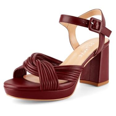 Imagem de Sandália feminina de salto plataforma grossa rosa salto bloco redondo bico aberto confortável salto confortável sandália com tiras cruzadas para mulheres, Borgonha PU, 37 BR
