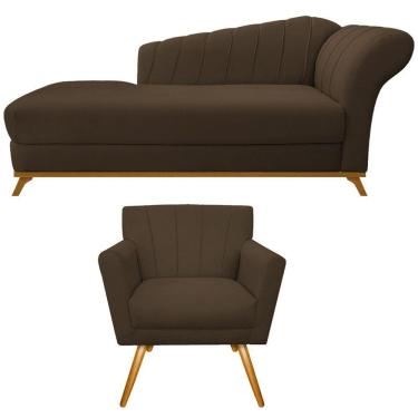 Imagem de Kit Diva Recamier Vanessa 140cm Lado Esquerdo E 01 Poltrona Laura Suede Cor Marrom