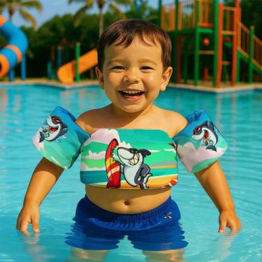 Imagem de Boia de Braço Colete Infantil para Nadar Praia Piscina Estampa Tubarõe