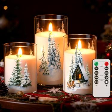 Imagem de Glooglitter 3 velas de vidro sem chama de árvore de Natal com temporizadores remotos, velas operadas por bateria de Natal castiçal cintilante de LED para decoração de casa de festa de Natal