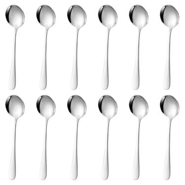 Imagem de Colher de sopa de cabo longo, colheres de aço inoxidável prateadas, 12 peças, redondo espesso, aderência confortável, conjunto de colheres de sobremesa de longa duração para casa