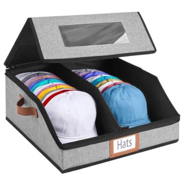 Imagem de Caixa de armazenamento de chapéus para bonés de beisebol, organizador de chapéus grandes com janela transparente e divisórias removíveis para homens, organizador de bonés de cowboy com tampas à prova