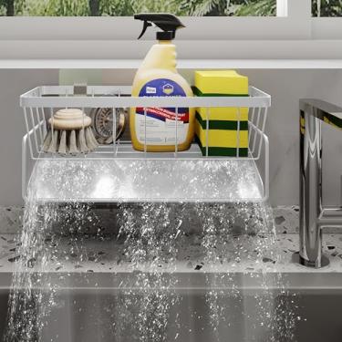 Imagem de Epritliber Suporte de esponja para pendurar adesivo, organizador de pia de cozinha, suporte de esponja de drenagem automática, dispensador de sabonete, aço inoxidável à prova de ferrugem, branco