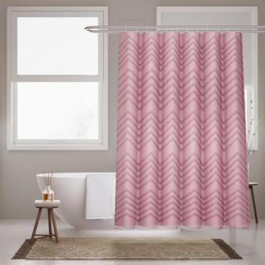 Imagem de Inhousolu Cortina de chuveiro de tecido boêmio, borla listrada chevron texturizada tufada, pano minimalista de casa de fazenda moderna, cortina de banho lavável repelente à água para banheiro hotel