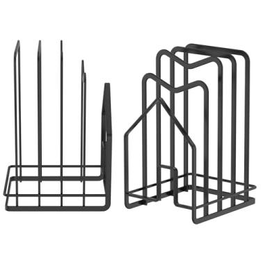 Imagem de Tcwhniev 2 peças de suporte de tábua de corte, suporte de tampa de panela de metal resistente, organizador prático de assadeira para casa, apartamento, trailer, trailer, cozinha (preto)