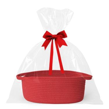 Imagem de WILLITAT Cestas pequenas para presentes vazias, 33 x 23 x 12,7 cm, cesta de presente de tecido com bolsa e fita, caixa de brinquedo para cães e gatos com corda de algodão, organizador fofo de berçário