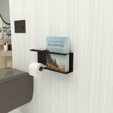 Imagem de Suporte de papel higiênico moderno montado na parede com prateleira | Rack de armazenamento de banheiro para livros, telefones e itens essenciais | Dispensador de papel higiênico de metal preto fosco