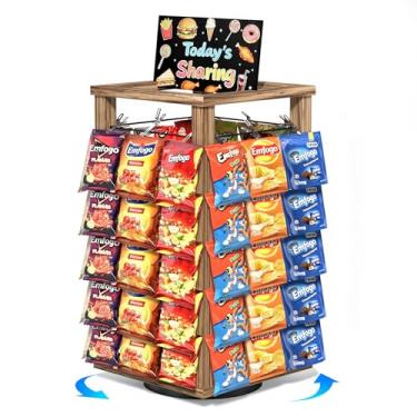 Imagem de Emfogo Suporte de exibição de chips, organizador de lanche de 5 camadas com 50 clipes para mesa de escritório, suporte giratório de 360° com base de madeira, expositor de lanche para suporte de