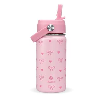 Imagem de XccMe Garrafa de água infantil com tampa de palha, garrafa de viagem de aço inoxidável de 400 ml, copo infantil à prova de vazamento de parede dupla, copo isolado para crianças, garrafa de metal para