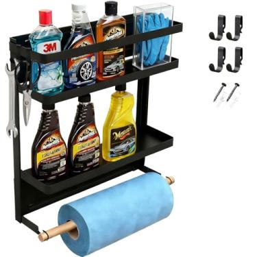 Imagem de Suporte magnético 2 em 1 para toalha de papel e prateleira com ganchos, dispensador de rolo de papel rústico resistente para cozinha, garagem, lavanderia, banheiro, galpão de ferramentas - montável na