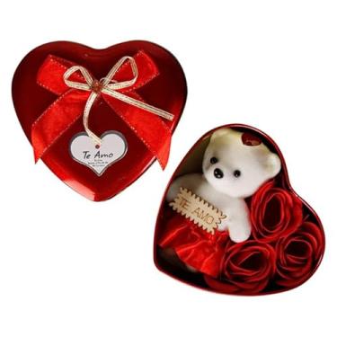 Imagem de Caixa Lata Presente Rosas Artificiais Urso Pelúcia