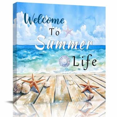 Imagem de LDLYTZXK Arte de parede em tela quadrada de praia de verão, pintura em tela de concha de estrela do mar para escritório, sala de estar, quarto, banheiro, arte giclée moderna, impressões de imagens