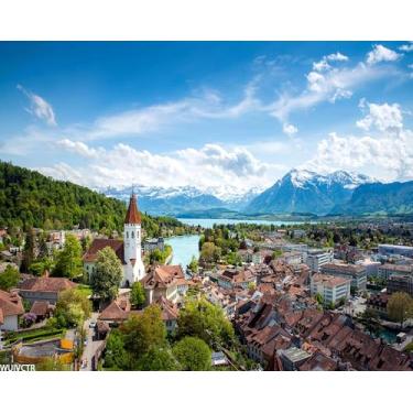 Imagem de WUIVCTR Pintura digital DIY Panorama Thun City Canton Bern Alps Thunersee Lake Paint by Numbers Kits desenho em tela sem moldura adultos arte de parede para iniciantes decoração de casa 40,6 cm x 50,8