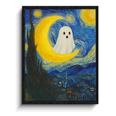 Imagem de Folha branca fantasma na lua crescente, decoração de parede de imagens de fantasmas estilo Van Gogh, arte de parede fantasma com moldura fosca, imagens engraçadas de fantasmas para quarto, presente de