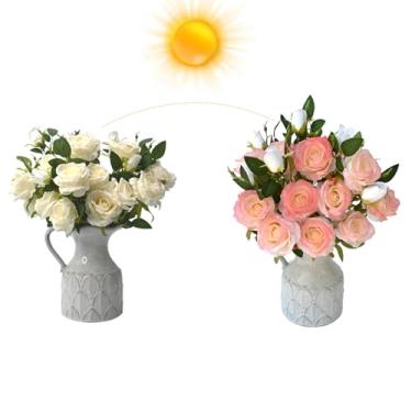 Imagem de 5 peças de buquê falso de rosas de seda – 66 cm de luz solar que muda de cor flores artificiais, haste longa de rosas falsas para arranjos de centro de mesa de casamento, decoração de festa de