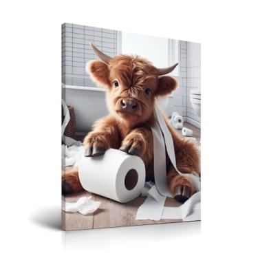 Imagem de HesenDot Arte de parede emoldurada de vaca Highland com papel higiênico, 30,5 x 40,6 cm, impressão em tela de banheiro de touro, adorável imagem de animal fofo para banheiro, quarto de criança