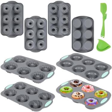 Imagem de 8 moldes de silicone para donuts, 4, formas antiaderentes para bolo com 6 cavidades, inclui escova, espátula e luva para fácil uso e limpeza