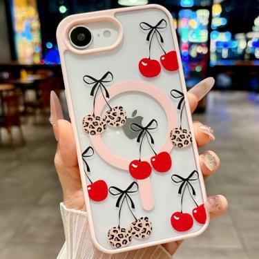 Imagem de HYUEKOKO Capa magnética para iPhone 16e [compatível com MagSafe] Linda estampa de leopardo com laço de cereja para mulheres, capa protetora translúcida à prova de choque - rosa