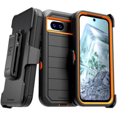 Imagem de Capa projetada para o Google Pixel 8 com clipe de cinto e suporte, capa de telefone à prova de choque de camada dupla sem tela - preta e laranja