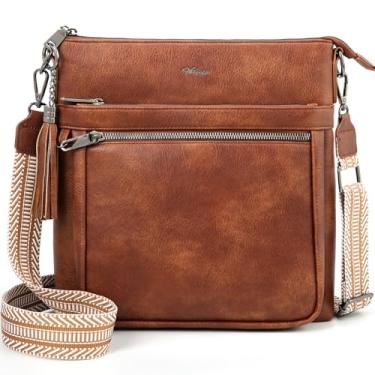 Imagem de HILAEX Bolsa tiracolo de couro para mulheres, antirroubo, bolsa de ombro, vários bolsos, alça de guitarra larga com borla, moda para viagem, Marrom