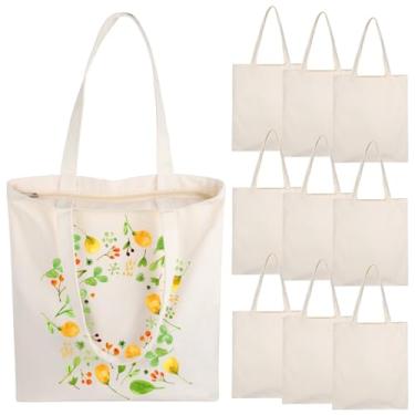Imagem de OMISTAR Sacola de lona de 10 peças com zíper, bolsa de artesanato reutilizável, sacola de compras de supermercado de lona em branco, bolsa grande a granel para pintura de sublimação faça você mesmo