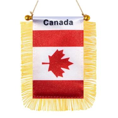 Imagem de JBSJBS Bandeira pendurada do Canadá mini bandeiras de janela de carro canadense bandeiras de espelho retrovisor decoração bandeiras do Canadá com ventosa franjas douradas dupla face 7,6 x 12,7 cm