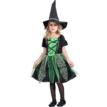 Imagem de Vestido de Bruxa Estiloso Halloween para Meninas e Kit Chapéu Traje Mascara Props Festa Cosplay
