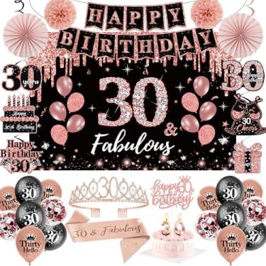 Imagem de Decorações de aniversário de 30 anos para meninas, 52 peças, conjunto de festa em ouro rosa e preto, coroa e faixa de 30 anos, banner de pano de fundo, balões para pendurar velas, redemoinhos