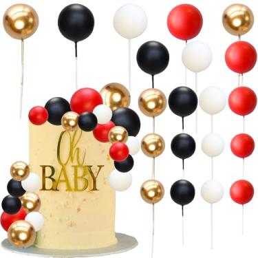 Imagem de Ephlyn 32 peças de topo de bolo de bolas de espuma e arame decorações mini balões de topo de bolo palitos para festa de casamento decoração de bolo de aniversário dourado branco preto vermelho