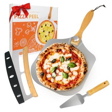 Imagem de Rixordd Casca de pizza de alumínio de 30,5 x 35,5 cm com cabo dobrável de madeira – Pá de pizza de metal 3 em 1, cortador e servidor de aço inoxidável, ferramentas de forno de pizza para assar pão