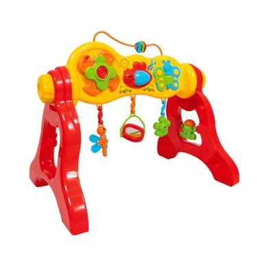 Imagem de Centro de Atividades Infantil 3 em 1 com Som, Brinquedo Educativo Multifuncional, Colorido com Suporte Vermelho e Amarelo, com Elementos Interativos e Pendurados