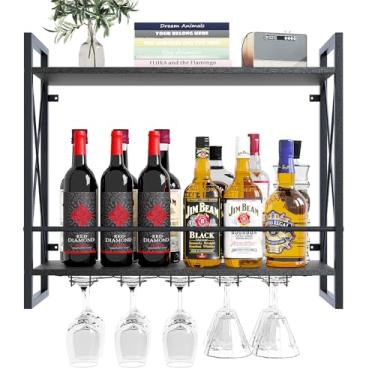 Imagem de Dokser Rack de vinho montado na parede 2 níveis, rack de vinho de parede com madeira rústica e moldura de ferro industrial, suporte de garrafa de vinho para cozinha, sala de jantar, decoração de bar