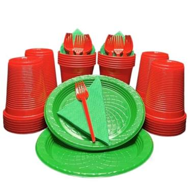 Imagem de Kit 300 Itens Festa Aniversário Descartáveis Plástico Colorido Perolado 100 Pessoas Completo Pratinho Garfinhos Copos (Natal)