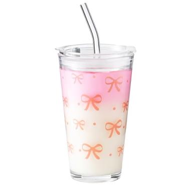 Imagem de Olvini Copo de vidro de 425 g com canudo de vidro e tampa, copos de café gelados fofos, copos de vidro estéticos, copo de café, copo de água, copo matcha, copos para beber (laço)