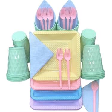 Imagem de Kit Festa Aniversario 180 Itens Candy Descartavel Diamante Premium C/Pratos Copos Garfinho Cor Pastel Azul Rosa Amarelo (Sortidos Candy 01)