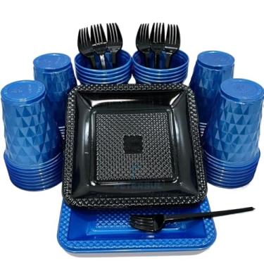 Imagem de Kit 260 Itens Descartaveis Festa Aniversário Prato Quadrado Diamante Plástico Colorido Perolado Candy Pastel (Preto Azul Perolado)