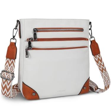 Imagem de TANTOMI Bolsa tiracolo para mulheres, bolsa tiracolo com vários bolsos, bolsa de ombro de couro vegano, bolsa Hobo para viagem, alça ajustável, Branco/marrom claro