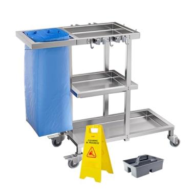 Imagem de Carrinho de limpeza comercial de aço inoxidável com 3 prateleiras com rodas e saco de vinil (D)