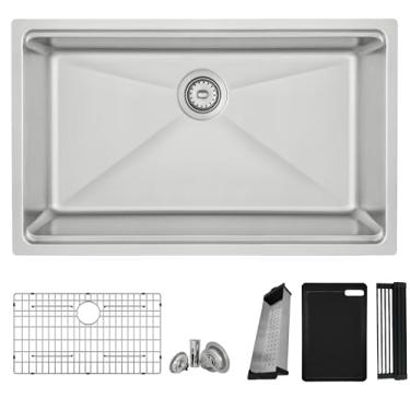 Imagem de Stylish Pia de estação de trabalho de 78 x 48 cm, tigela única de aço inoxidável 16G, pia de cozinha embutida ou embaixo com grade inferior, filtro, escorredor, tábua de corte preta e prateleira de