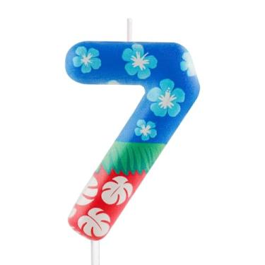 Imagem de Velas de aniversário do Havaí, flores e saias de grama número 7, velas número 7, enfeites de bolo de aniversário do Havaí, artigos de decoração de festa de aniversário