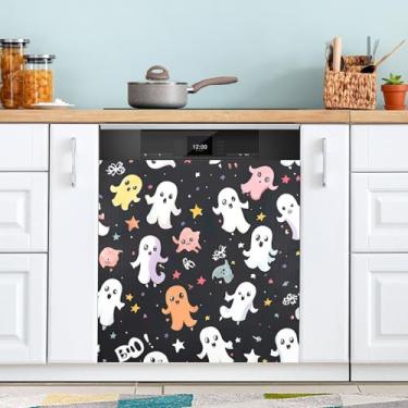 Imagem de ATTX Capa de ímã de lava-louças de fantasmas de desenho de Halloween, 58,4 cm C x 66 cm A decoração da capa da máquina de lavar louça, decalques de armário doméstico adesivos de eletrodomésticos #39