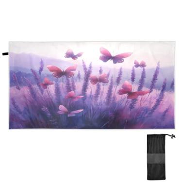 Imagem de ATTX Toalha de praia de campo de lavanda com borboletas 79 x 188 cm - Cobertor de microfibra leve de secagem rápida e resistente à areia para piscina, ioga, academia e viagens | Esportes de banho de